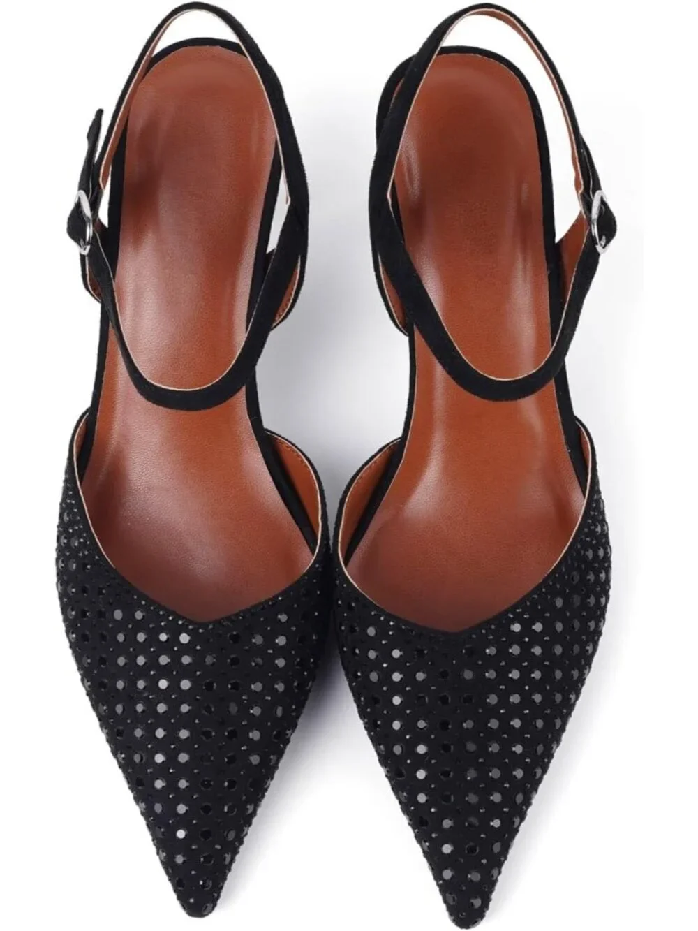 Women's Black Rhinestone Slingback Kitten Pointed Closed Toe Pumps Stiletto Heel